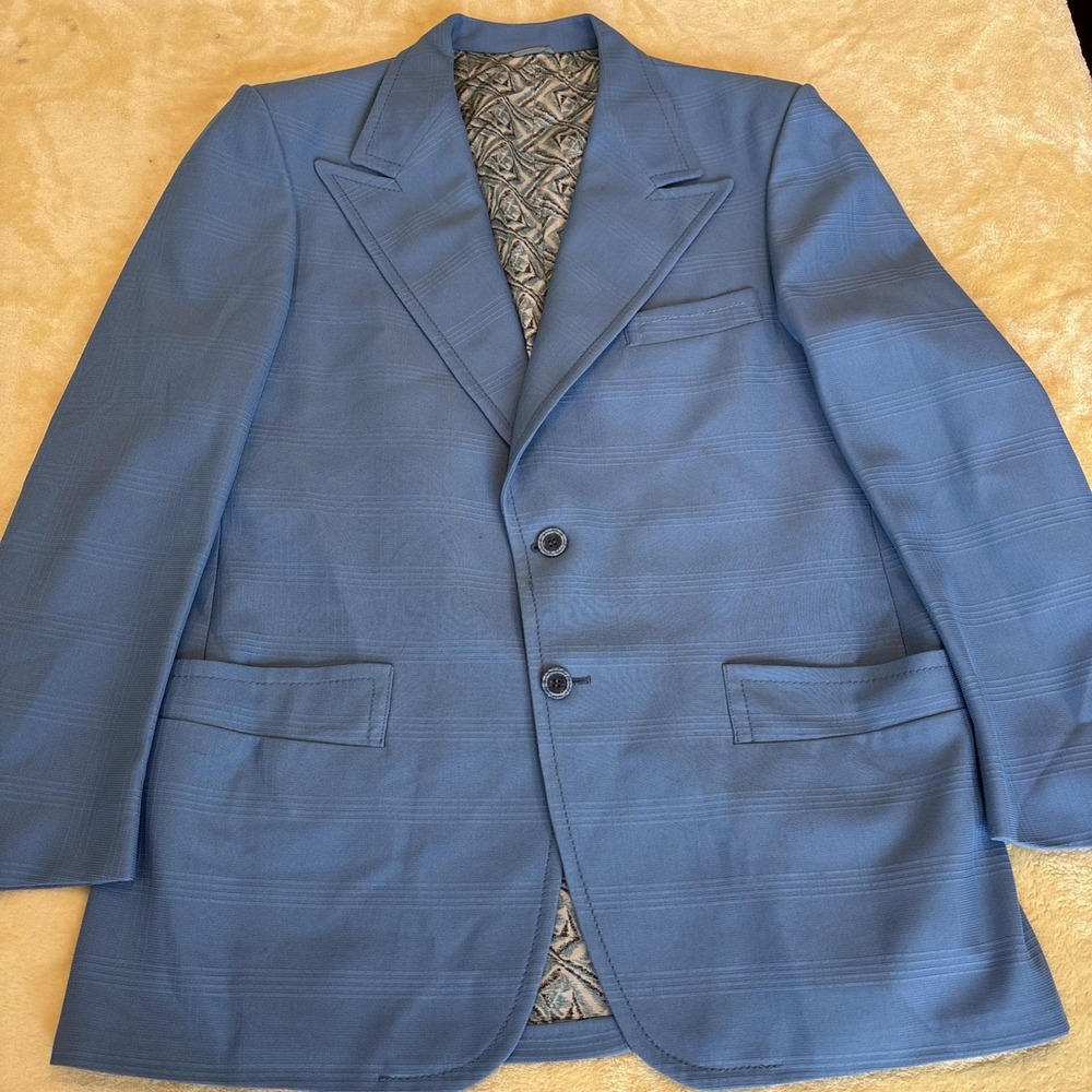 VTG 1970's Powder Blue Disco Blazer Peaked Lapel Jacket Men's 44R Retro Hippie